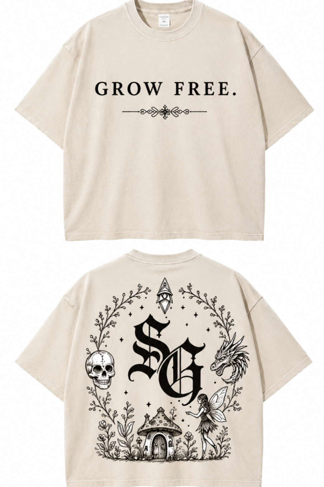 Grow Free. SG Vintage Washed Oversized Tee (Creme)